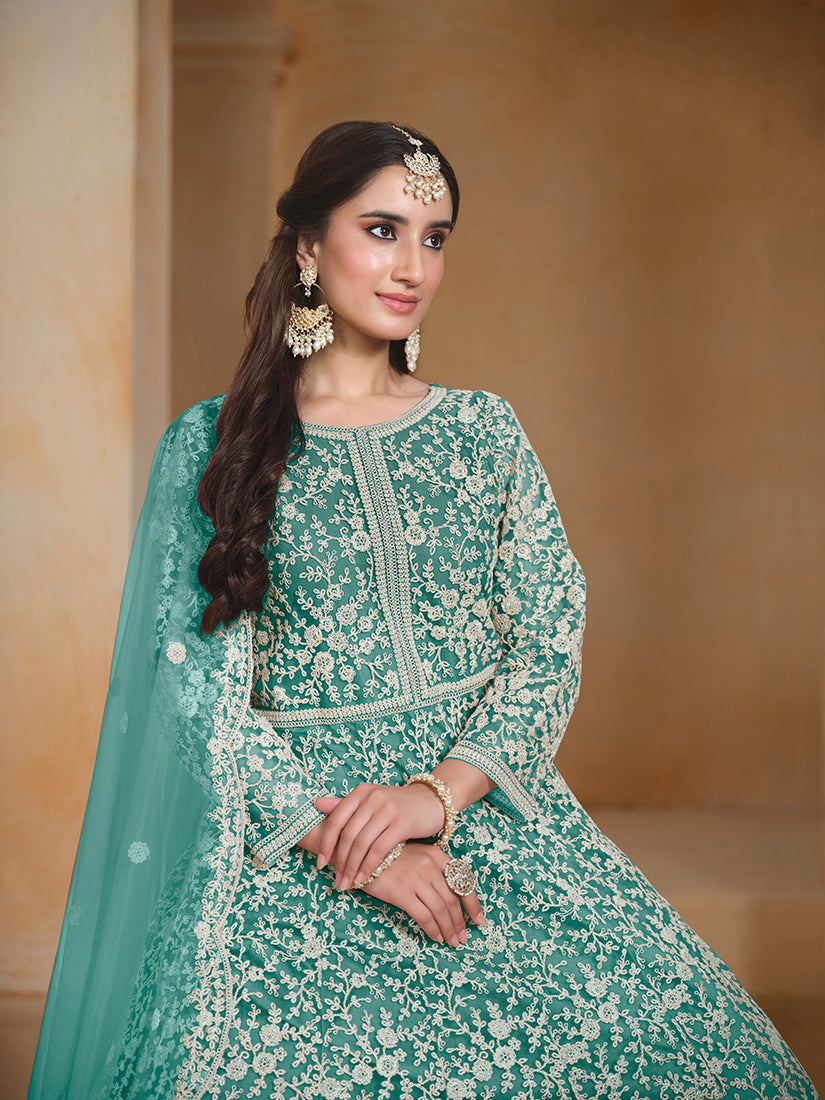 Turquoise Embroidered Santoon Net Salwar Suit Set for Women