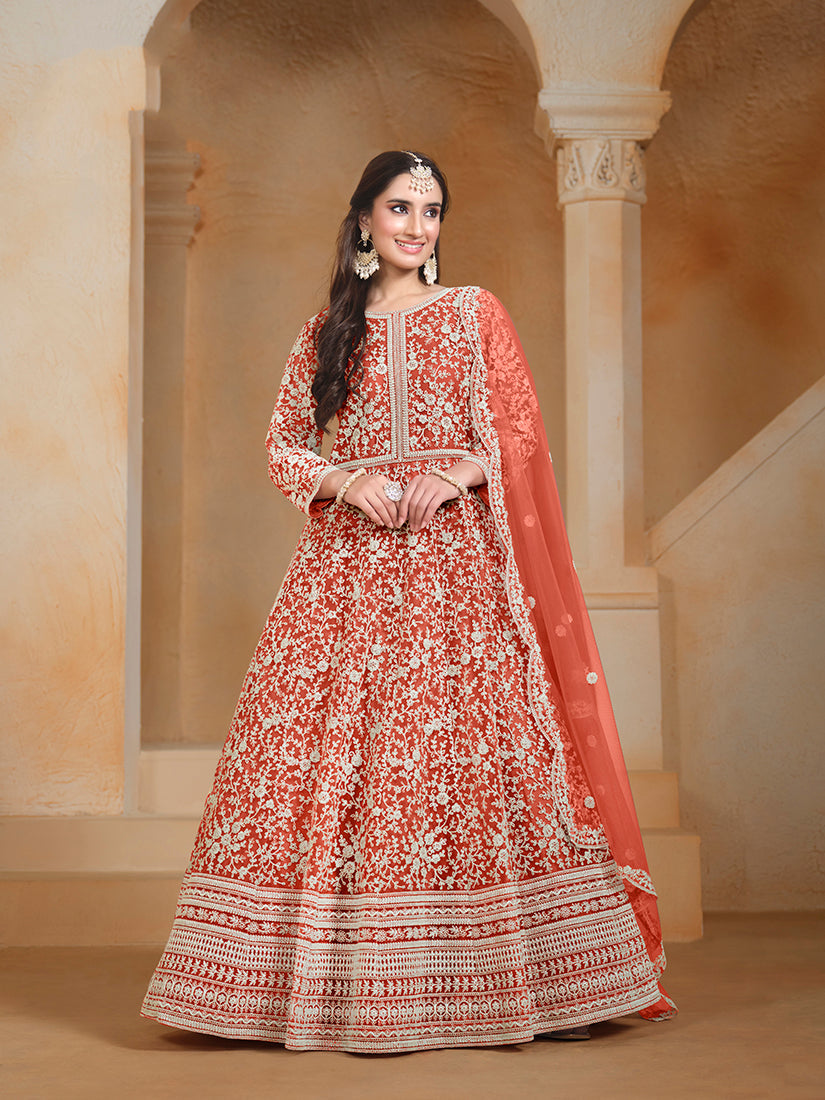 Dark-orange embroidered net salwar suit with resham detailing