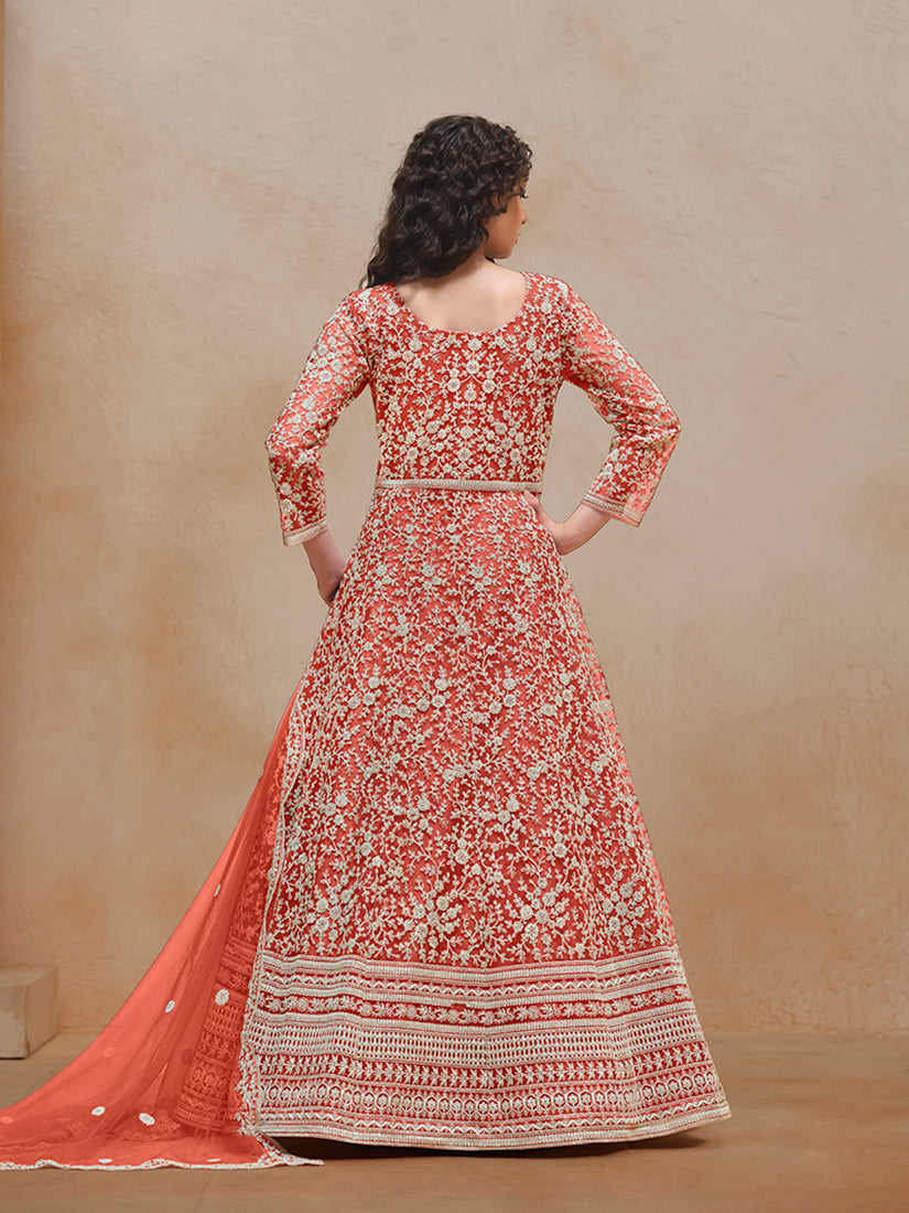 Dark-Orange Embroidered Net Salwar Suit for Special Occasions