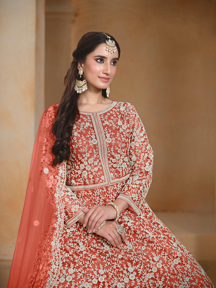 Dark-Orange Embroidered Net Salwar Suit for Special Occasions