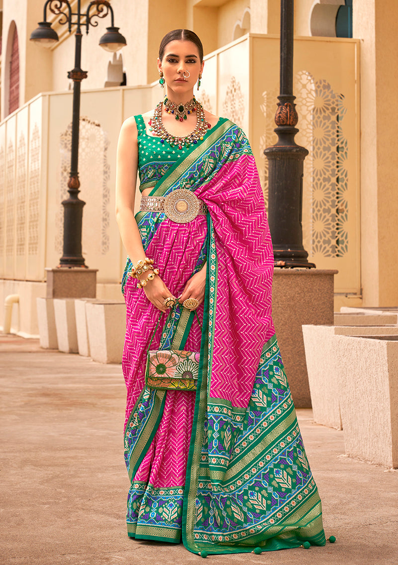 Rani Pink and Green Patola print classic silk saree