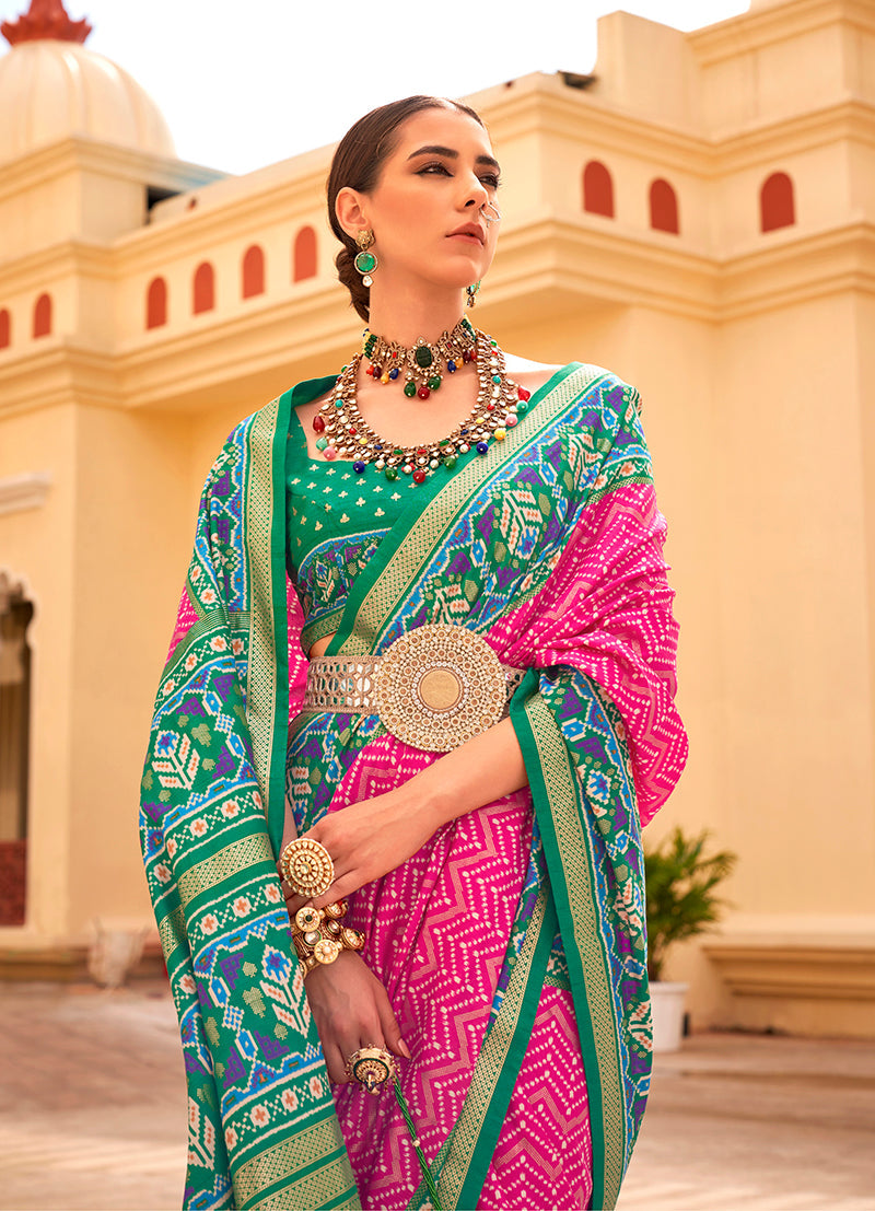 Rani Pink and Green Patola Print Classic Silk Saree