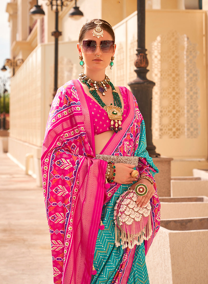 Turquoise and Rani Pink Patola Print Silk Saree