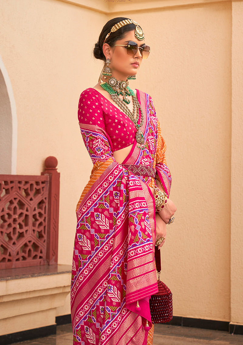 Mustard and Rani Pink Patola Print Silk Saree