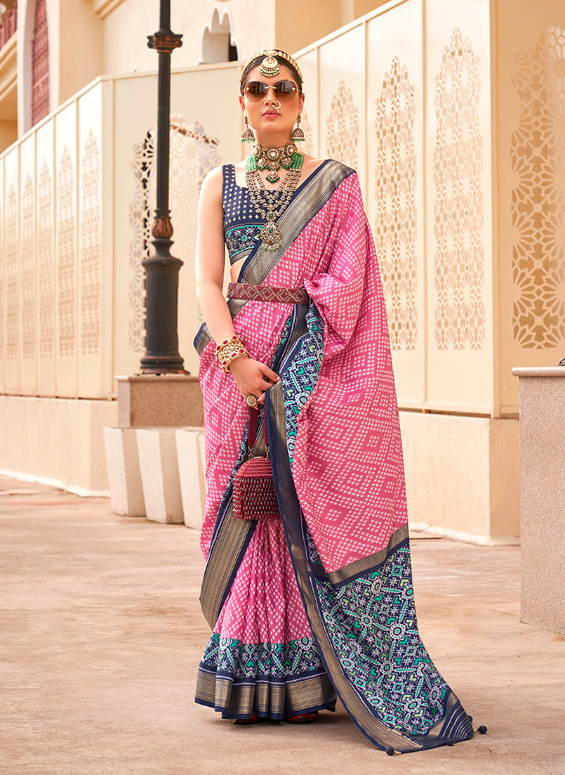 Pink and navy blue silk saree with traditional Patola print