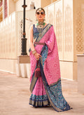 Pink and navy blue silk saree with traditional Patola print