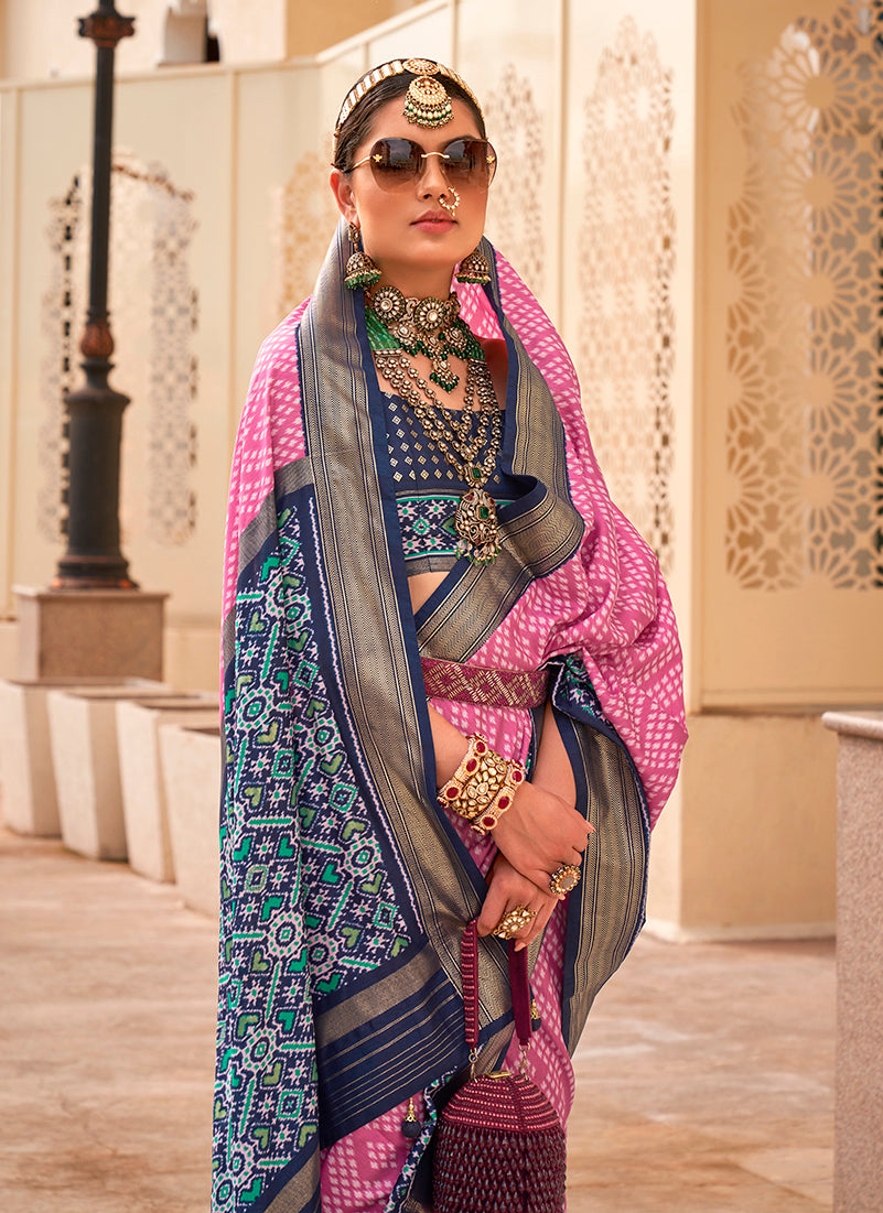 Pink and Navy Blue Patola Print Silk Saree for Women