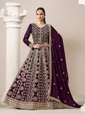 Dark-purple faux georgette salwar kameez with intricate embroidery