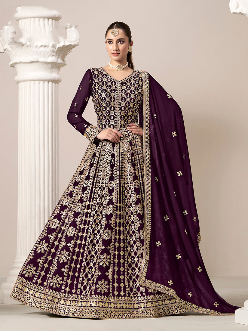 Dark-purple faux georgette salwar kameez with intricate embroidery