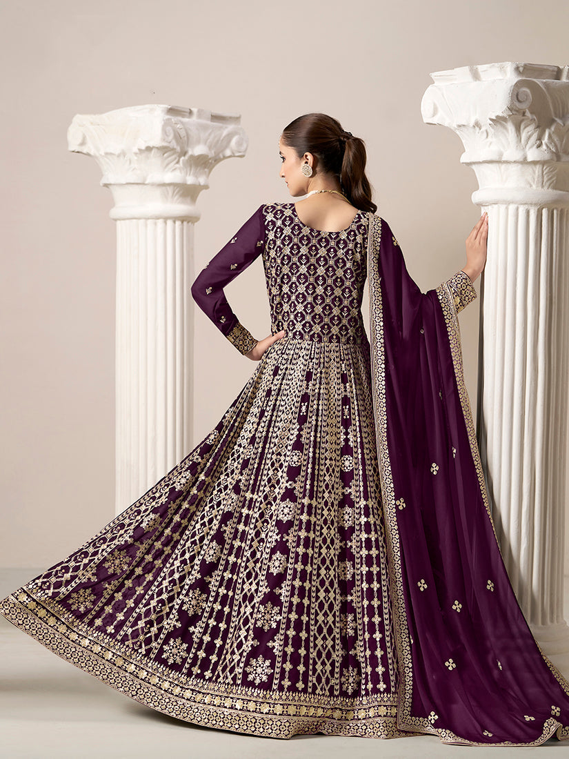 Dark-Purple Embroidered Georgette Salwar Kameez