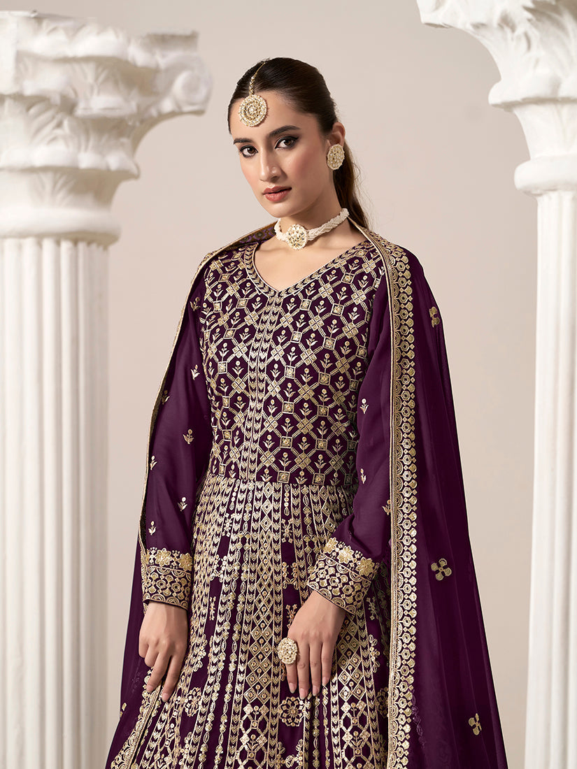 Dark-Purple Embroidered Georgette Salwar Kameez
