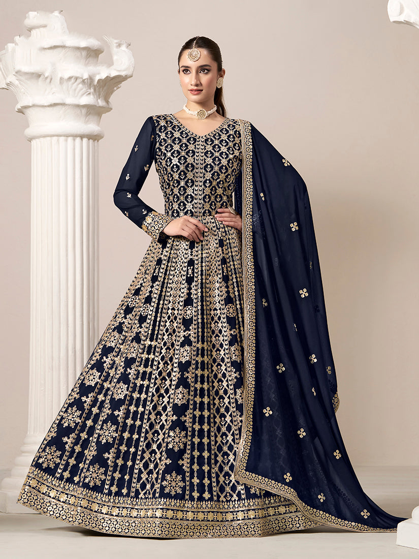 Navy-blue georgette salwar kameez with detailed embroidery