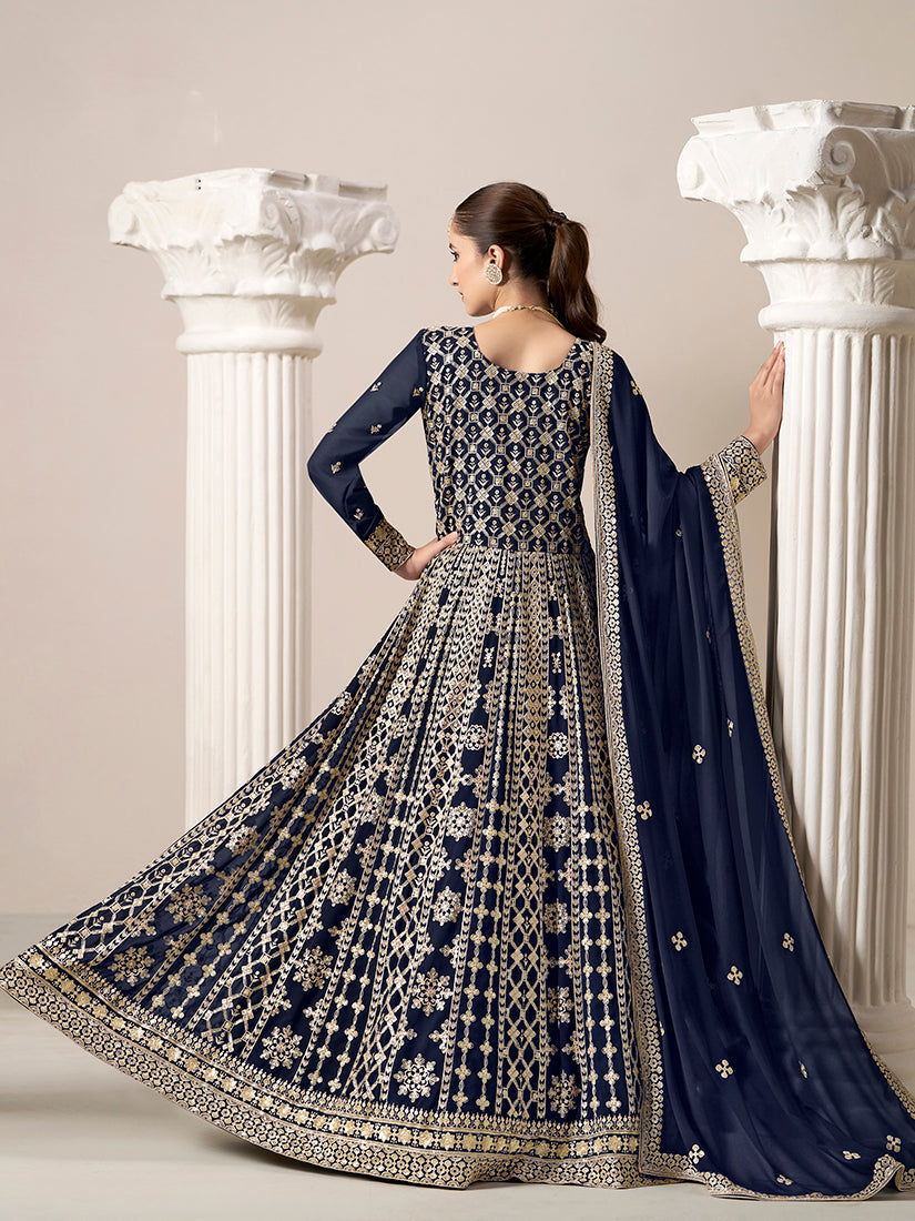 Navy-Blue Embroidered Georgette Salwar Kameez for Parties