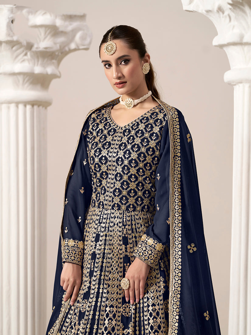 Navy-Blue Embroidered Georgette Salwar Kameez for Parties