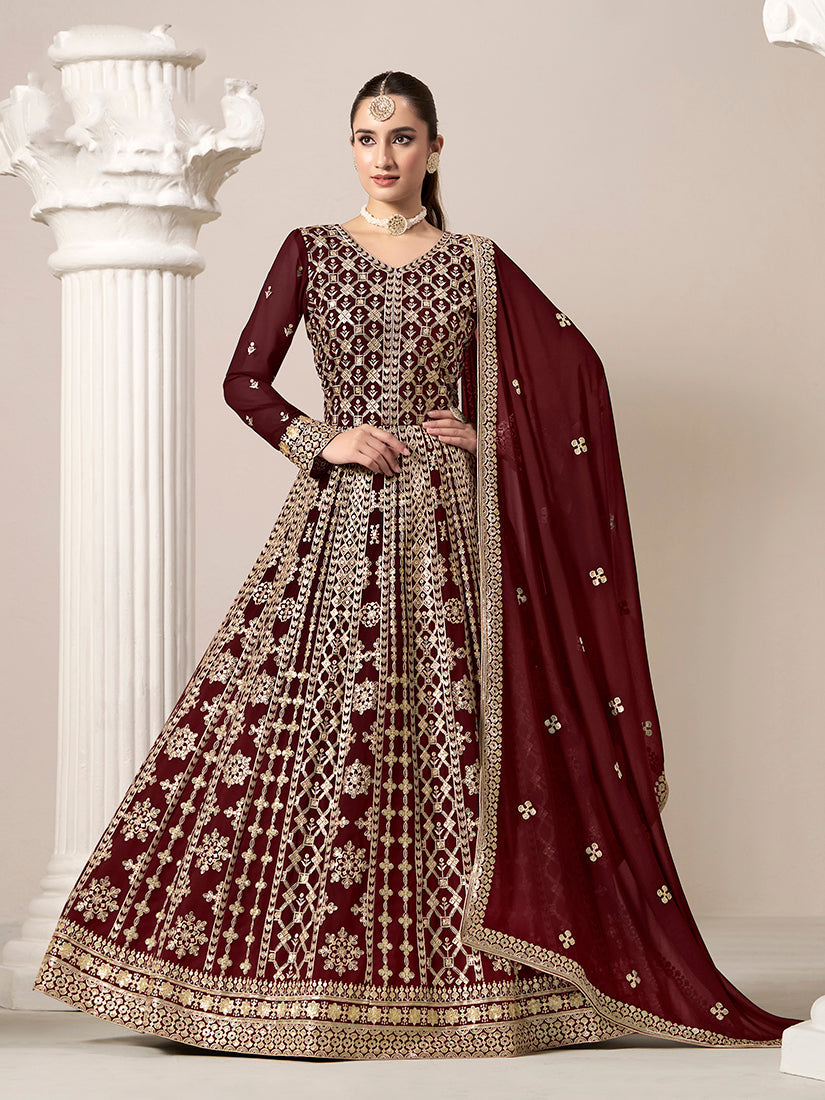 Sophisticated maroon faux georgette embroidered salwar kameez