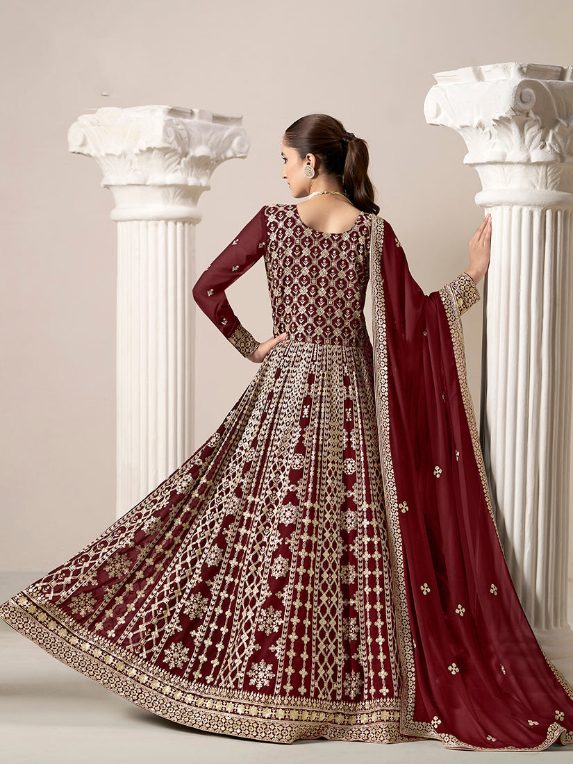 Maroon Faux Georgette Embroidered Salwar Kameez