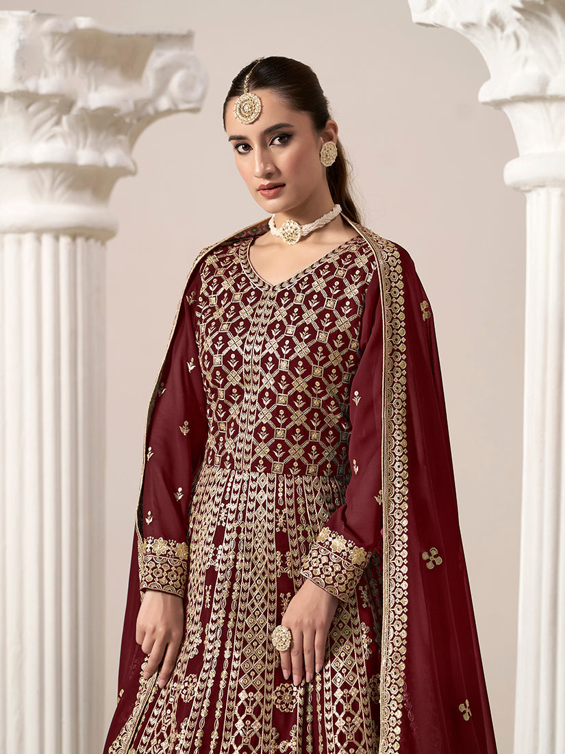 Maroon Faux Georgette Embroidered Salwar Kameez