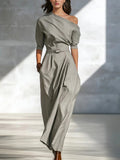 Women One-Shoulder Maxi Dress with Belted Waist and Elbow Sleeves - Image 6