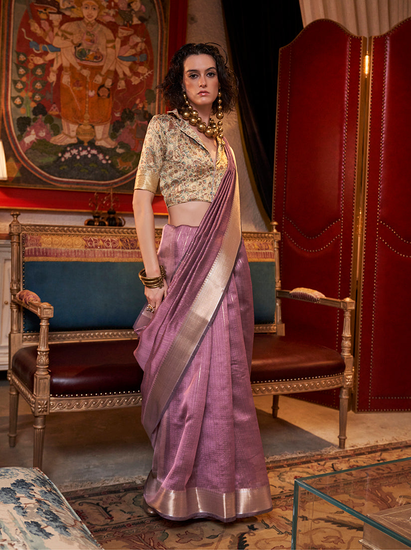 Onion Pink Chiffon Weaving Trendy Saree