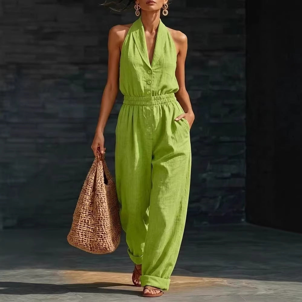 Women's V-Neck Sleeveless Button Front Jumpsuit - Image 5