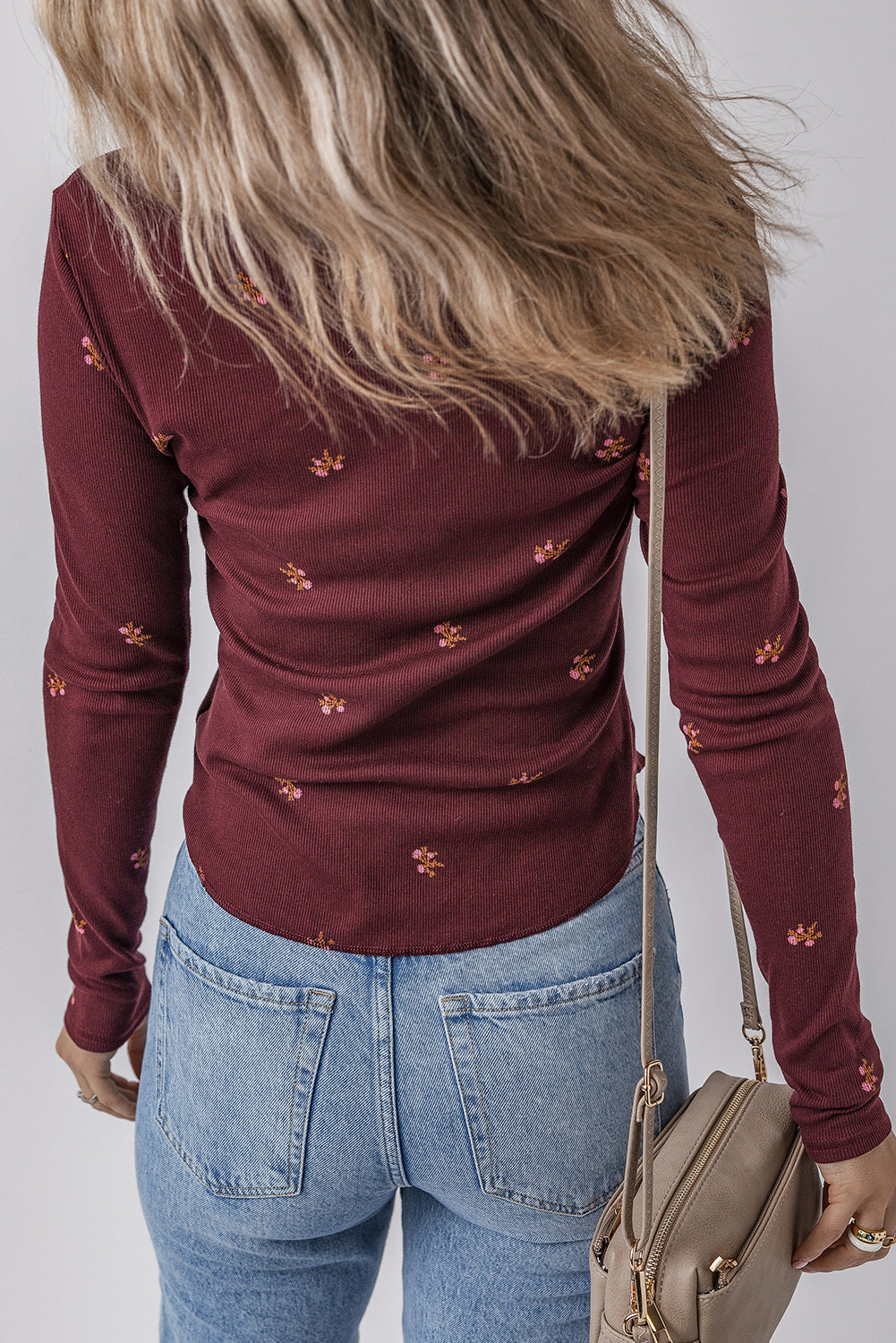 Floral Ribbed Notched Neck Long Sleeve Top