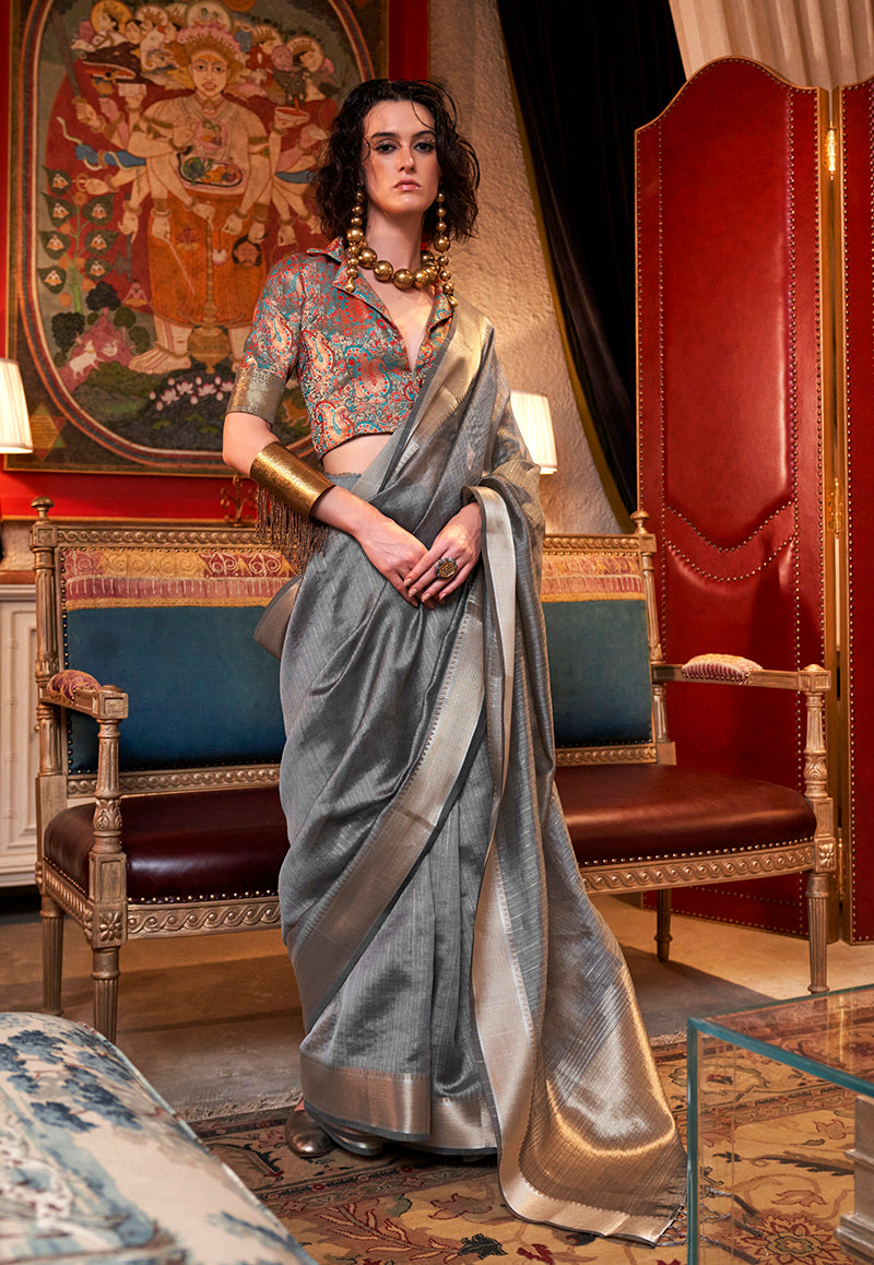 Trendy grey chiffon saree with elegant weaving detail