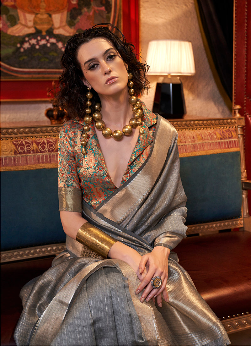 Grey Chiffon Weaving Trendy Saree for Modern Ethnic Style
