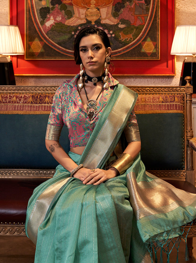 Turquoise Chiffon Weaving Trendy Saree for Parties