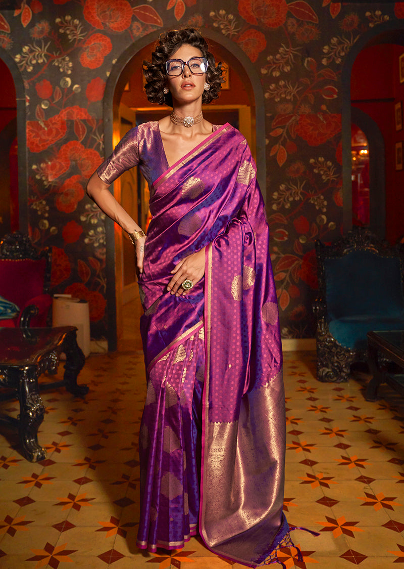 Rich purple handloom silk saree with intricate ethnic woven details