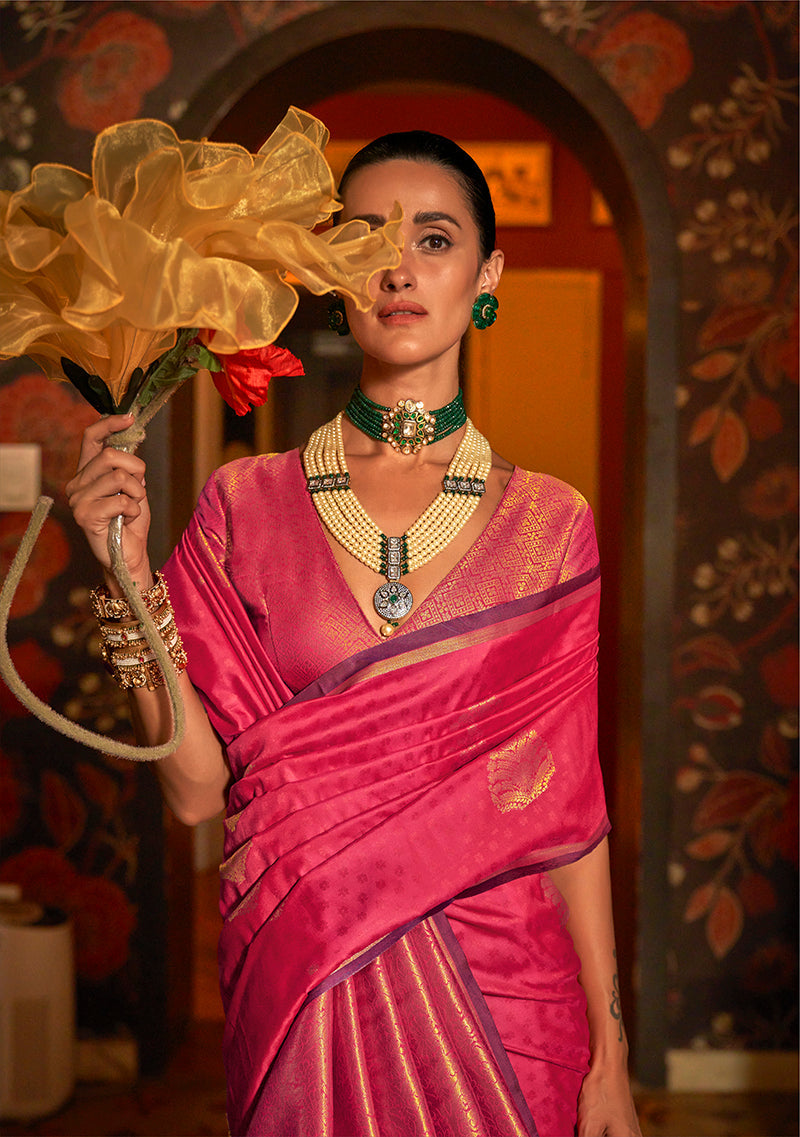 Pink Handloom Silk Saree with Ethnic Weaving Work