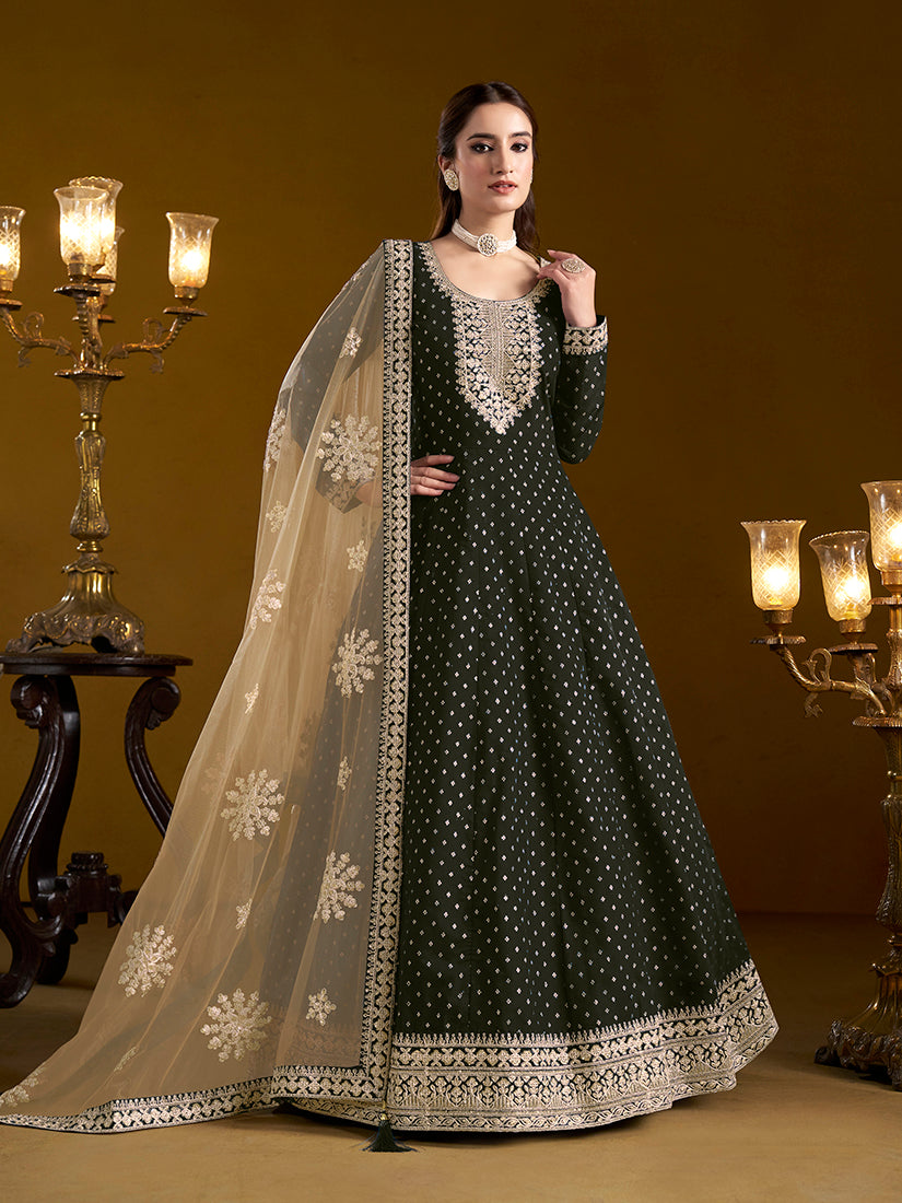 Monjolika Fashion Black Color Embroidered Santoon Chanderi Silk Salwar Suit