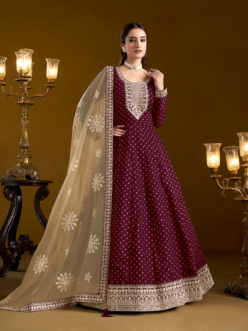Burgundy Chanderi silk ethnic salwar suit with embroidery