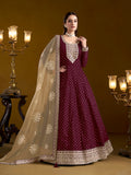 Burgundy Chanderi silk ethnic salwar suit with embroidery