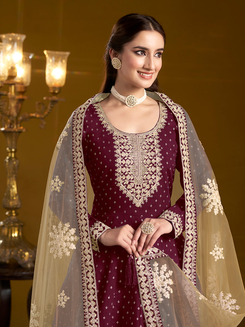 Burgundy Embroidered Chanderi Silk Salwar Suit with Santoon