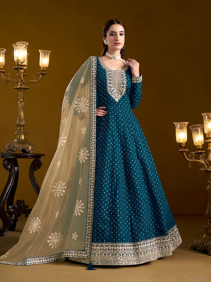 Elegant teal-blue Chanderi silk salwar kameez with detailed embroidery