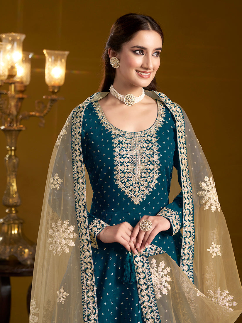 Teal-Blue Embroidered Chanderi Silk Salwar Suit for Women