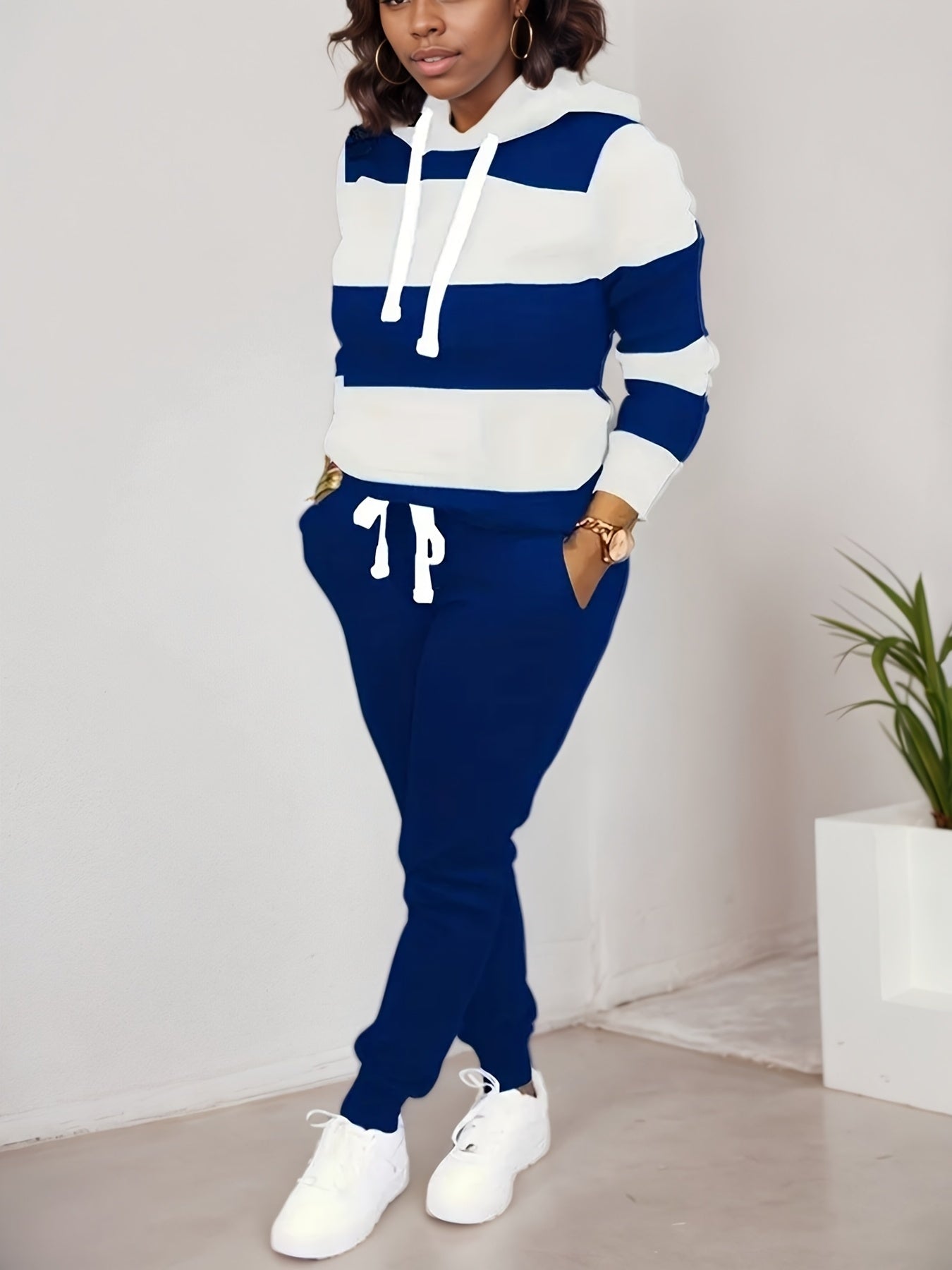 Women's Striped Hooded Sweatshirt and Jogger Two Piece Set