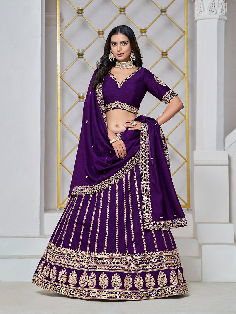 Trendy purple art silk lehenga choli with intricate embroidery