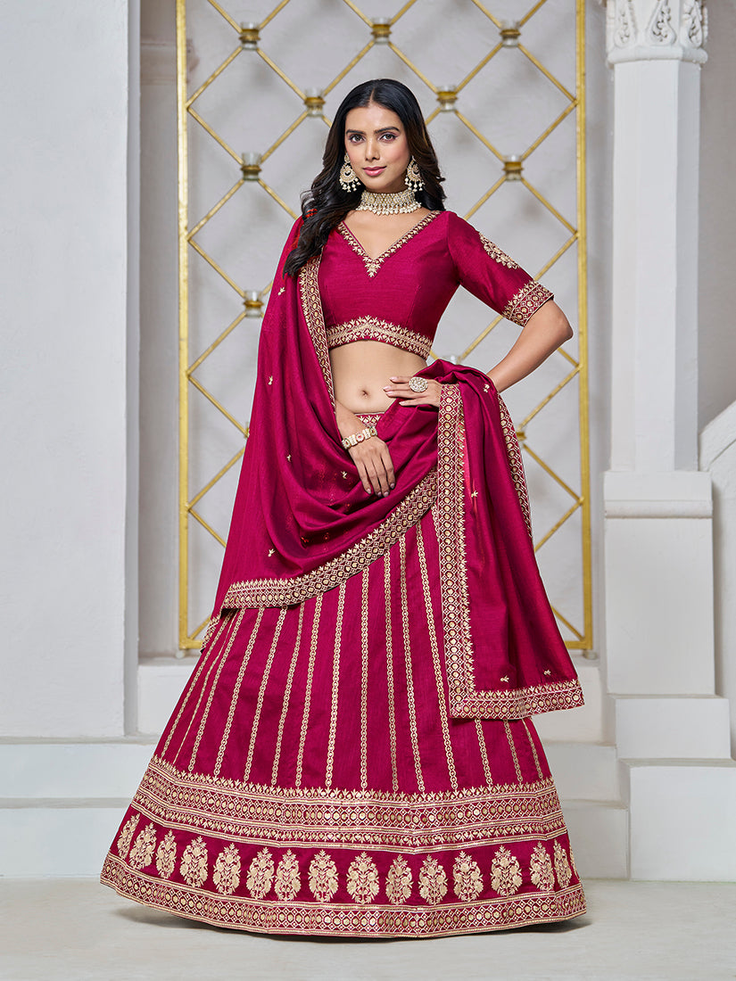 Rani pink art silk lehenga choli with detailed traditional embroidery