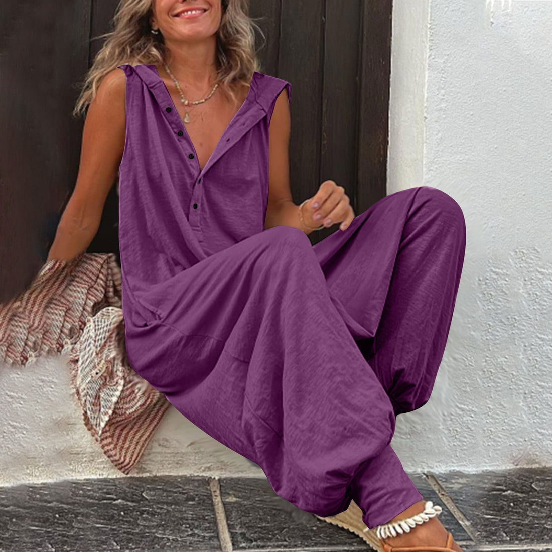 Women's Sleeveless Hooded Relaxed Fit Jumpsuit One-Piece Romper - Image 11