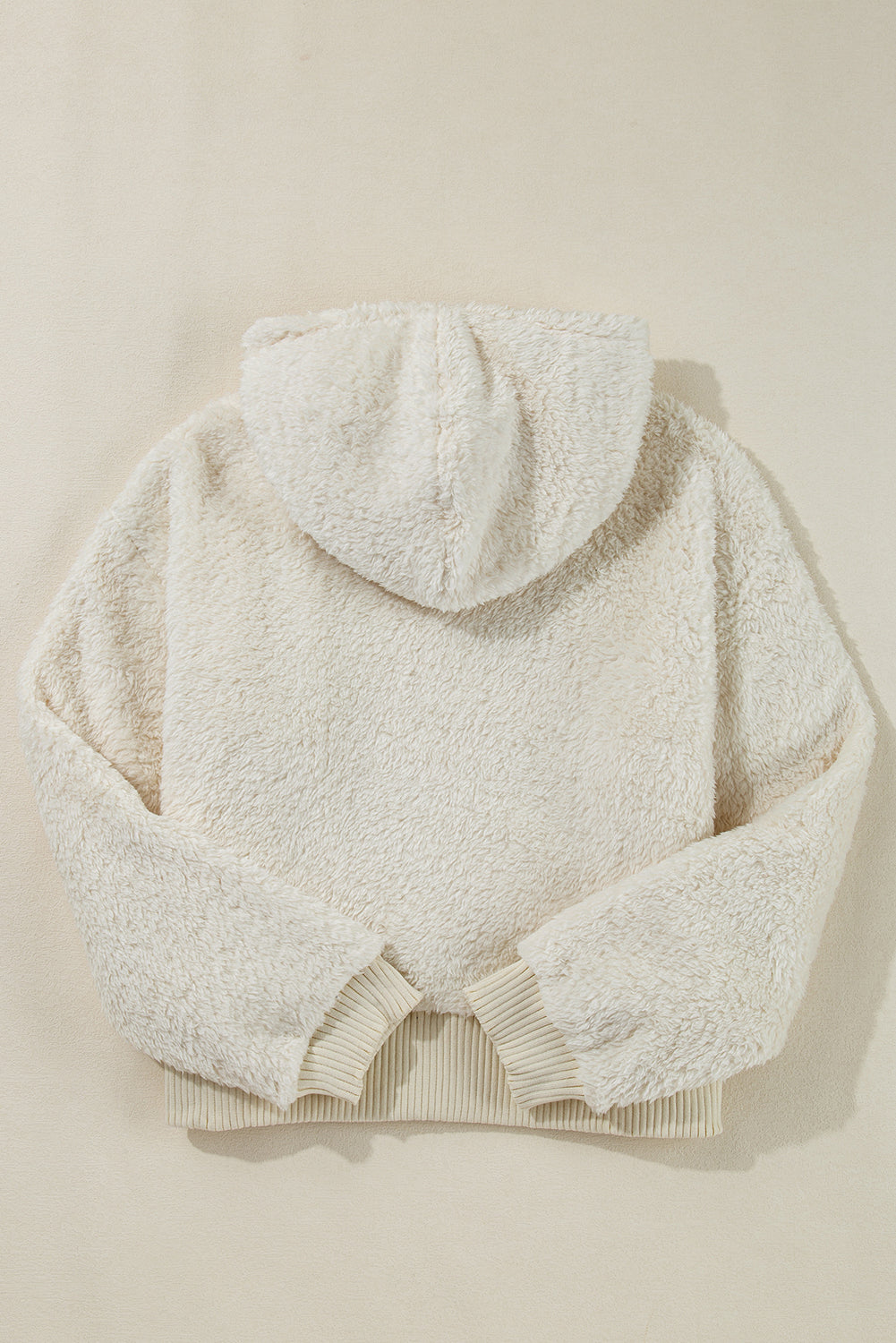 White Plush Hoodie with Contrast Ribbed Hem and Cuffs
