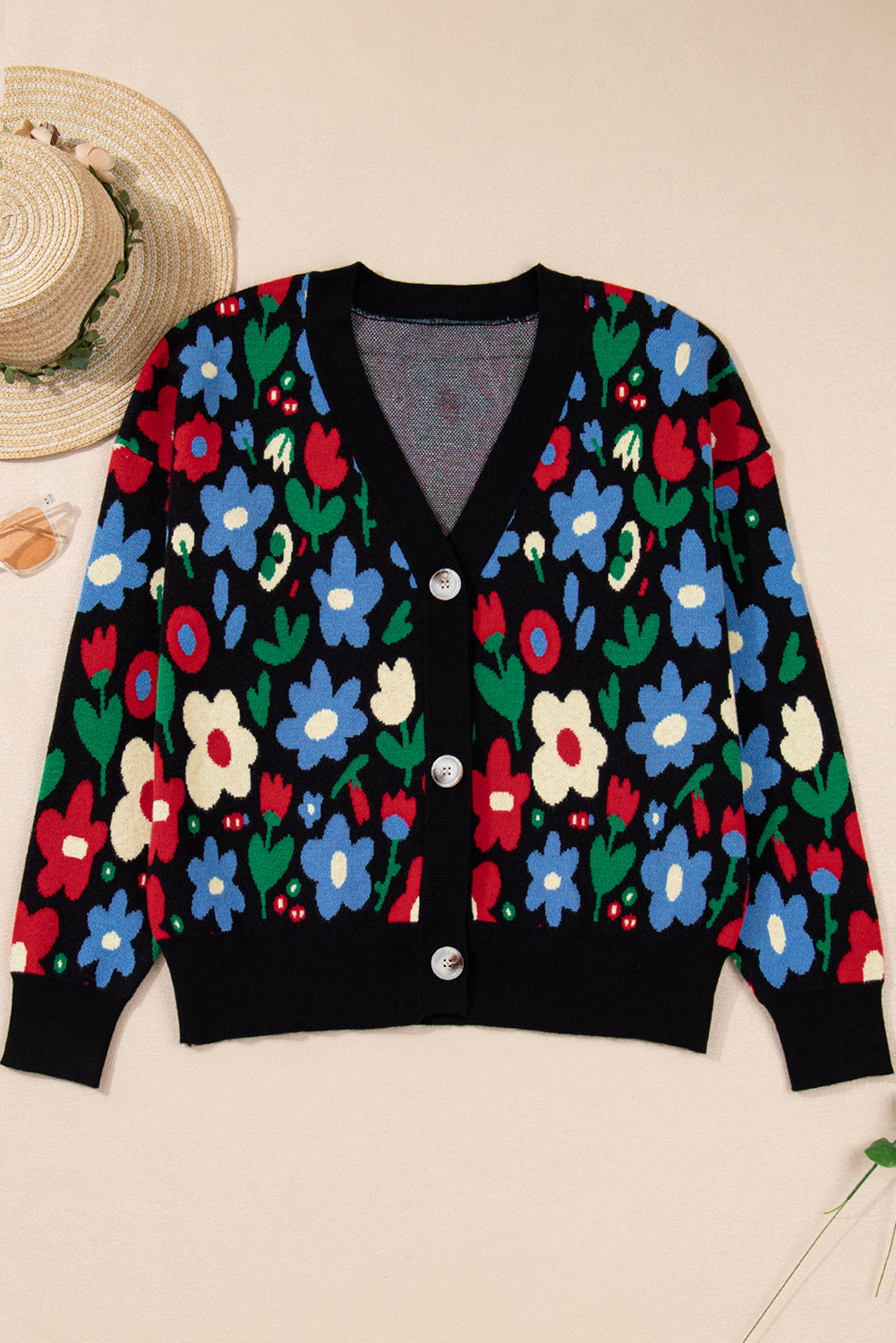 Floral Buttoned V-Neck Cardigan Sweater