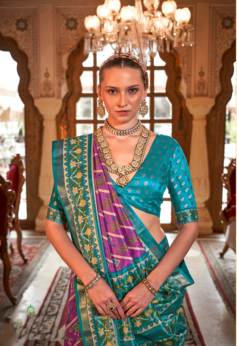 Violet Patola Print Silk Saree with Teal and Gold Accents