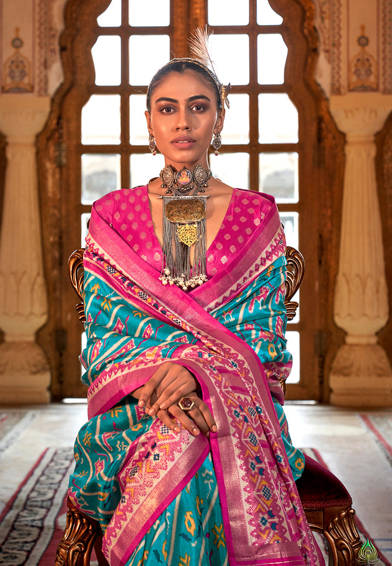 Aqua Blue Patola Print Contemporary Festival Saree