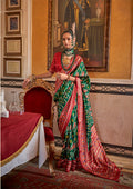 Vibrant green contemporary saree with traditional-inspired Patola print