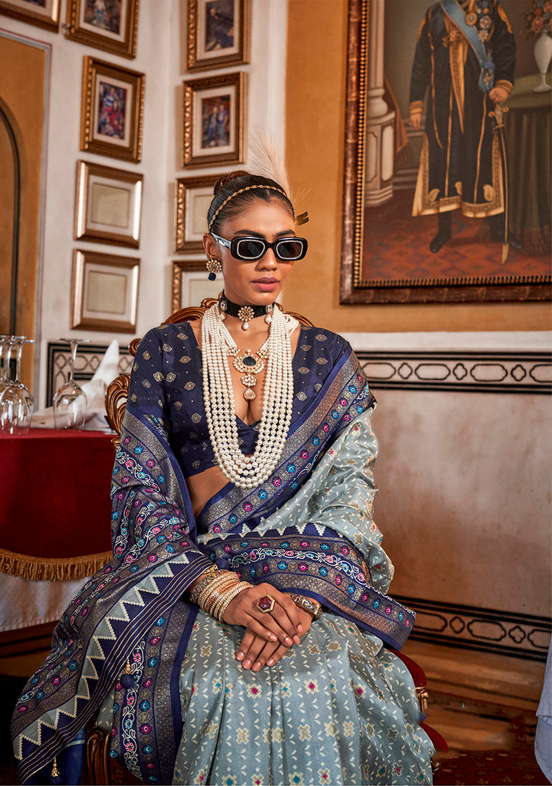 Light Grey and Navy Blue Border Printed Silk Classic Saree
