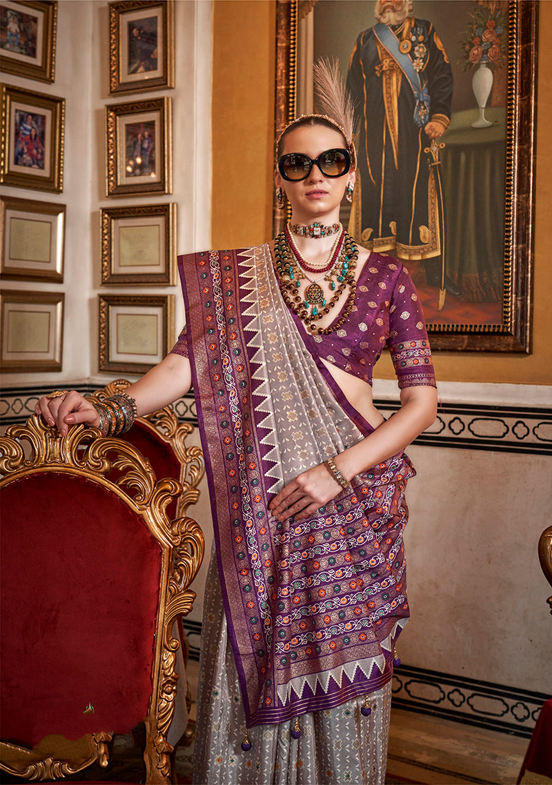 Grey Silk Saree with Wine Border & Classic Prints