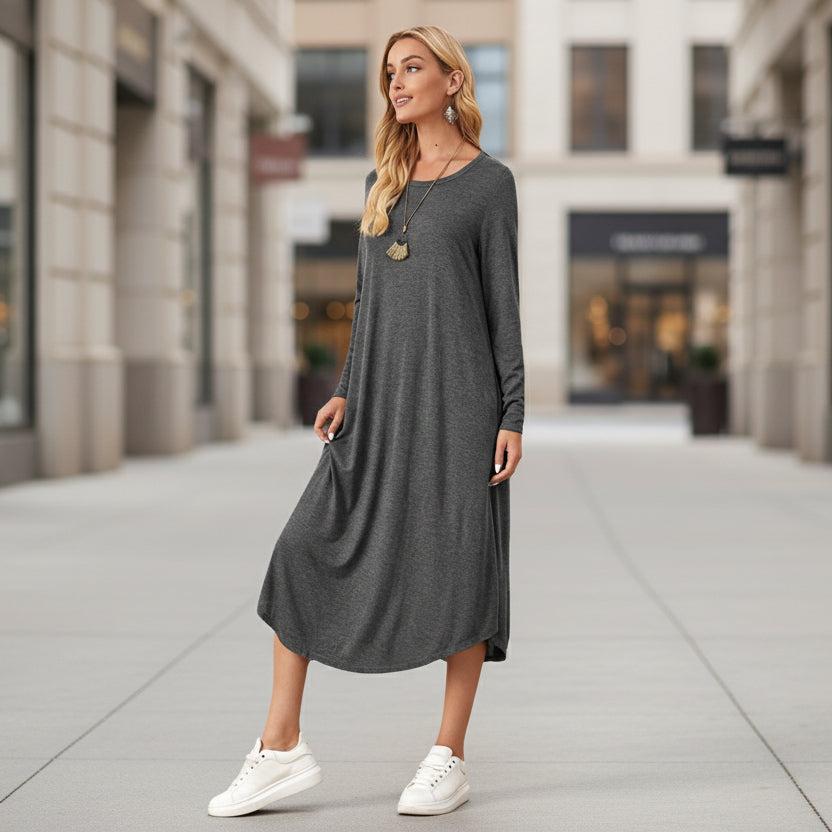 Women's Long Sleeve Cotton Blend Midi Dress with Side Pockets - Image 5