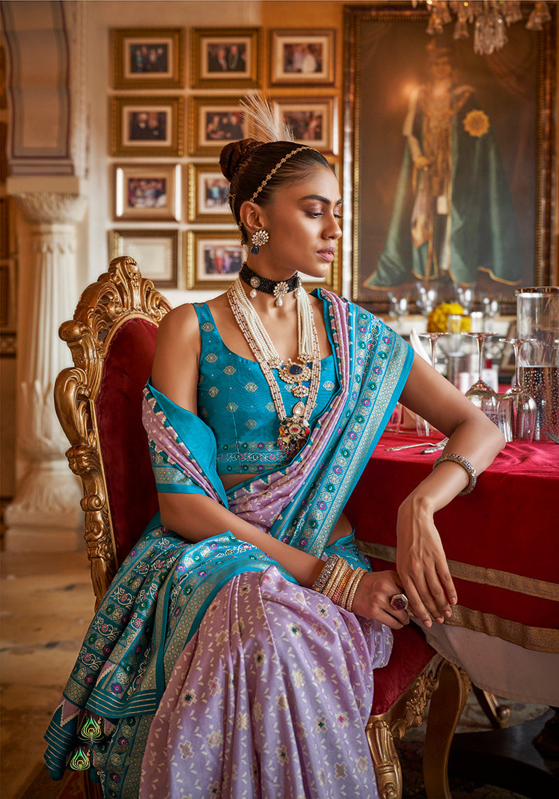 Lavender Silk Saree with Aqua Blue Border and Printed Details