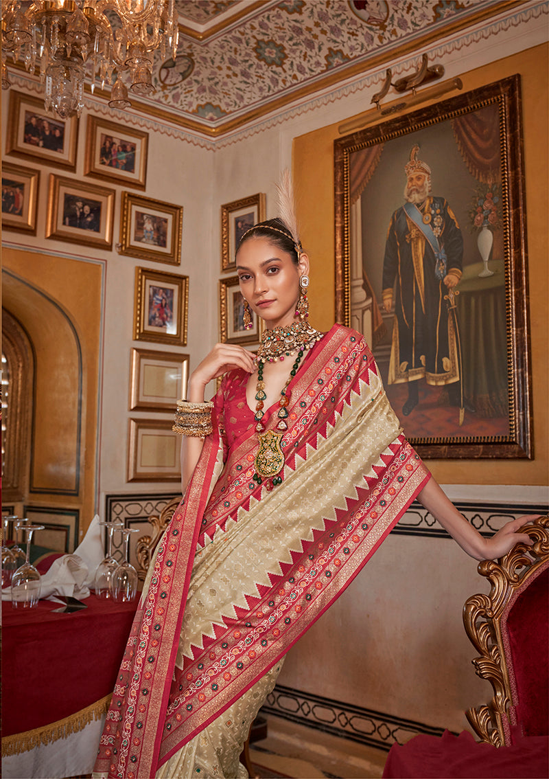Classic Cream Silk Saree with Bold Red Printed Border